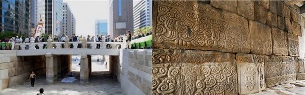 서울 중구 정동의 영국대사관, 성북구 정릉동의 정릉(윗사진 좌우)과 청계천의 광통교 및 교대(아래사진 좌우). 영국대사관 자리는 원래 조선 태조 이성계의 왕비 신덕왕후의 능인 정릉이 있던 곳이며, 광통교는 태종 이방원의 명으로 정릉의 석물을 이용해 만든 것으로 풍수지리와 조선 초기 골육상쟁의 편린이 녹아있다. (사진=인터넷 캡처/ 이형로)