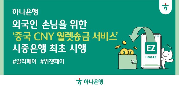 하나은행의 ‘하나-웨스턴유니온 월렛송금’ 서비스는 수취인 영문이름과 연락처만 있으면 수취인의 중국 모바일월렛인 알리페이와 위챗페이로 위안화(CNY) 실시간 해외송금이 가능한 서비스다. (사진=하나은행)