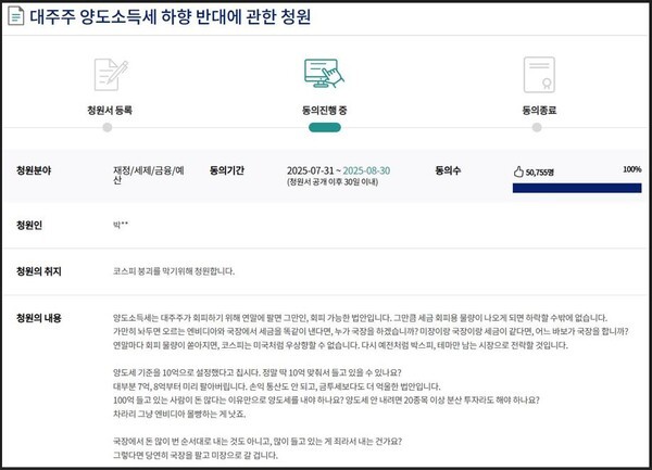 세제개편안 양도소득세 대주주 기준 하향 반대 국회 청원. 공개 이틀만에 동의자가 5만명을 넘어섰다. (국회 홈페이지 캡처) 