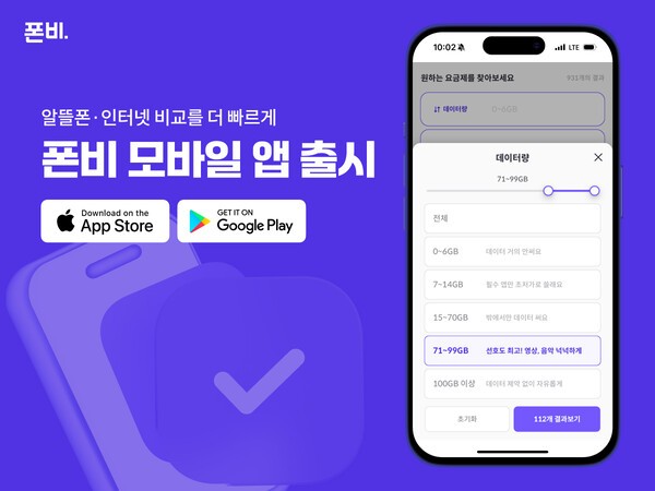 알뜰폰 비교 온라인플랫폼 폰비가 출시한 모바일앱은 휴대전화에서 터치 한번으로 요금제 비교기능에 접근할 수 있어 PC나 모바일 웹브라우저로 접속하는 것보다 편리해졌다. (사진=폰비) 