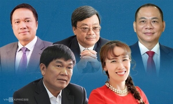 포브스 8월 세계 억만장자에 오른 베트남 기업 총수 5명. 왼쪽 상단부터 시계 방향. 호 훙 안 테크콤은행 회장, 응웬 당 꽝 마산그룹 회장, 팜 녓 브엉 빈그룹 회장, 응웬 티 프엉 타오 비엣젯항공 회장, 쩐 딘 롱 호아팟그룹 회장. (그래픽=VnExpress/Khanh Hoang)