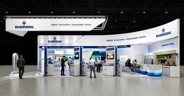 ‘코마린 2025’에 참가하는 한국에머슨 부스 조감도. 한국에머슨은 통합자동화 플랫폼, 해양사이버보안, 에너지절감, 친환경선박기술 등 지속가능한 해양산업을 위한 통합솔루션을 선보일 예정이다. (사진=한국에머슨) 