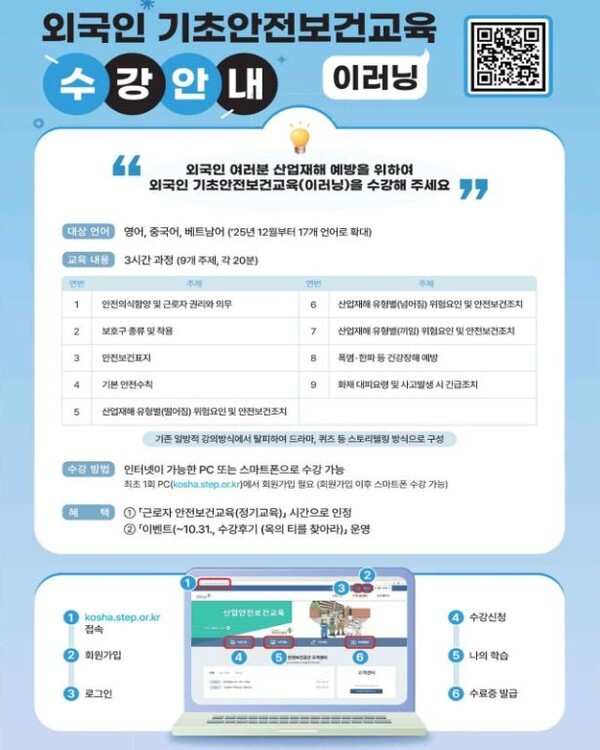 국내에서 일하는 외국인노동자의 산업재해 예방을 위해 26일부터 베트남어와 영어•중국어 등 3개국 언어로 된 '온라인 안전보건교육' 과정이 운영된다. 고용노동부와 한국산업안전보건공단은 외국어 온라인 산재교육을 연말까지 고용허가제(E-9) 송출국가 17개국 언어로 확대할 예정이다. (사진=고용노동부)
