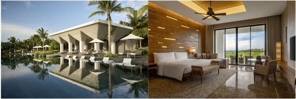JW 메리어트 깜란 베이 리조트 & 스파의 오션바(왼쪽)와 프리미엄룸 모습. 리조트는 2만2000㎡ 부지에 203개의 객실과 전용빌라를 갖췄다. (사진=JW 메리어트)