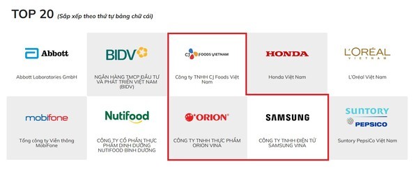 안파베 선정 '2025년 베트남에서 일하기 좋은 100대 기업' 대기업 부문 상위 20위권에 포함된 삼성비나전자와 CJ푸드베트남. 기업명 알파벳순. 베트남에서 일하기 좋은 100대 기업에 우리 기업들이 대거 포함돼 관심이 집중되고 있다. (표=안파베)