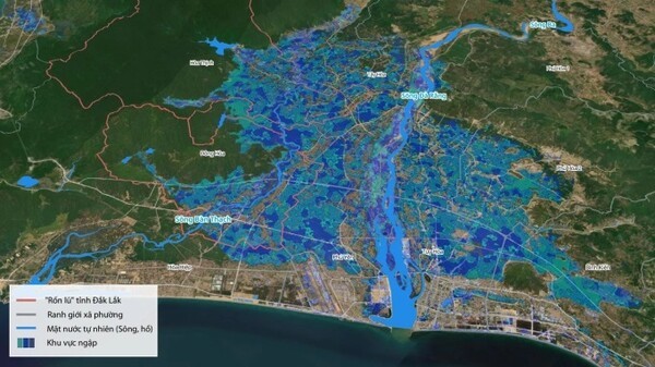 바강(Ba river)을 사이에 둔 닥락성(엣 푸옌성 일대) 침수 피해 지역 지도. 기상당국에 따르면 중부 3~5개 주요 강 유역에서 한꺼번에 홍수가 발생한 것은 50여년 만에 이번이 처음으로, 15일 오후 7시부터 21일 오후 7시까지 엿새간 내린 비는 적게는 100~300mm, 많게는 1800mm가 넘었던 것으로 집계됐다. (그래픽=VnExpress/Quang Tue)