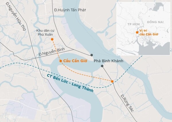 껀저대교 위치. 껀저대교 투자정책 승인 시, 시당국은 내년 2분기 중 투자자 선정 절차를 마치고, 2027년 1분기 중 착공해 2년내 교량 건설을 마무리한다는 계획이다. (그래픽=VnExpress/Hoang Khanh)