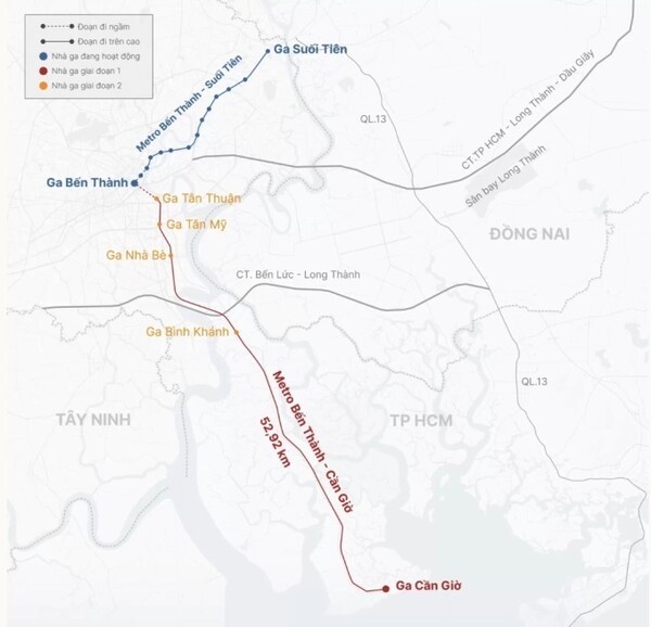 벤탄-껀저 고속철 1단계 노선도(빨간색 실선) 및 2단계 역사 설치 계획(노란 점선) 벤탄-껀저 도시철도는 1단계 사업에서 기점과 종점에 각 1곳씩 총 2개(벤탄역·껀저역)의 역사가 들어서며, 이후 단계에서 △떤투언역(Tan Thuan) △떤미역(Tan My) △냐베역(Nha Be) △빈칸역(Binh Khanh) 등 4개 역사가 추가될 예정이다. (그래픽=VnExpress/Khanh Hoang)