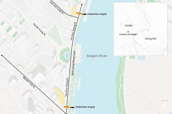 똔득탕로 보행교 신설 지점. 2개 보행교 중 응웬후에 보행교는 마제스틱사이공호텔 앞 응웬후에-똔득탕 교차로에, 타이반룽 보행교는 랜드마크 빌딩 앞 타이반룽-똔득탕 교차로에 들어설 예정으로, 각 보행교에는 엘리베이터와 함께 도시 미관을 개선시키기 위한 예술 조명 시스템이 설치될 예정이다.(그래픽=VnExpress/Tam Thao·Minh Nga)
