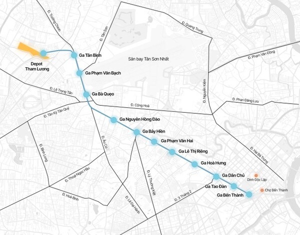 호치민시 도시철도 2호선 노선도. 호치민시 도시철도 2호선은 도심 옛 1군 벤탄역부터 북서부 관문인 옛 12군 탐르엉 차량기지까지 총연장 11.3km(지하 약 9.3km) 노선 건설을 주요 내용으로 한다. 역사는 벤탄역을 포함해 전체 11개(지하 10개)가 건설되며, 차량기지 1곳이 들어설 예정이다. 본 사업은 2030년 중 완공을 목표로 한다.(그래픽=VnExpress/Tam Thao)